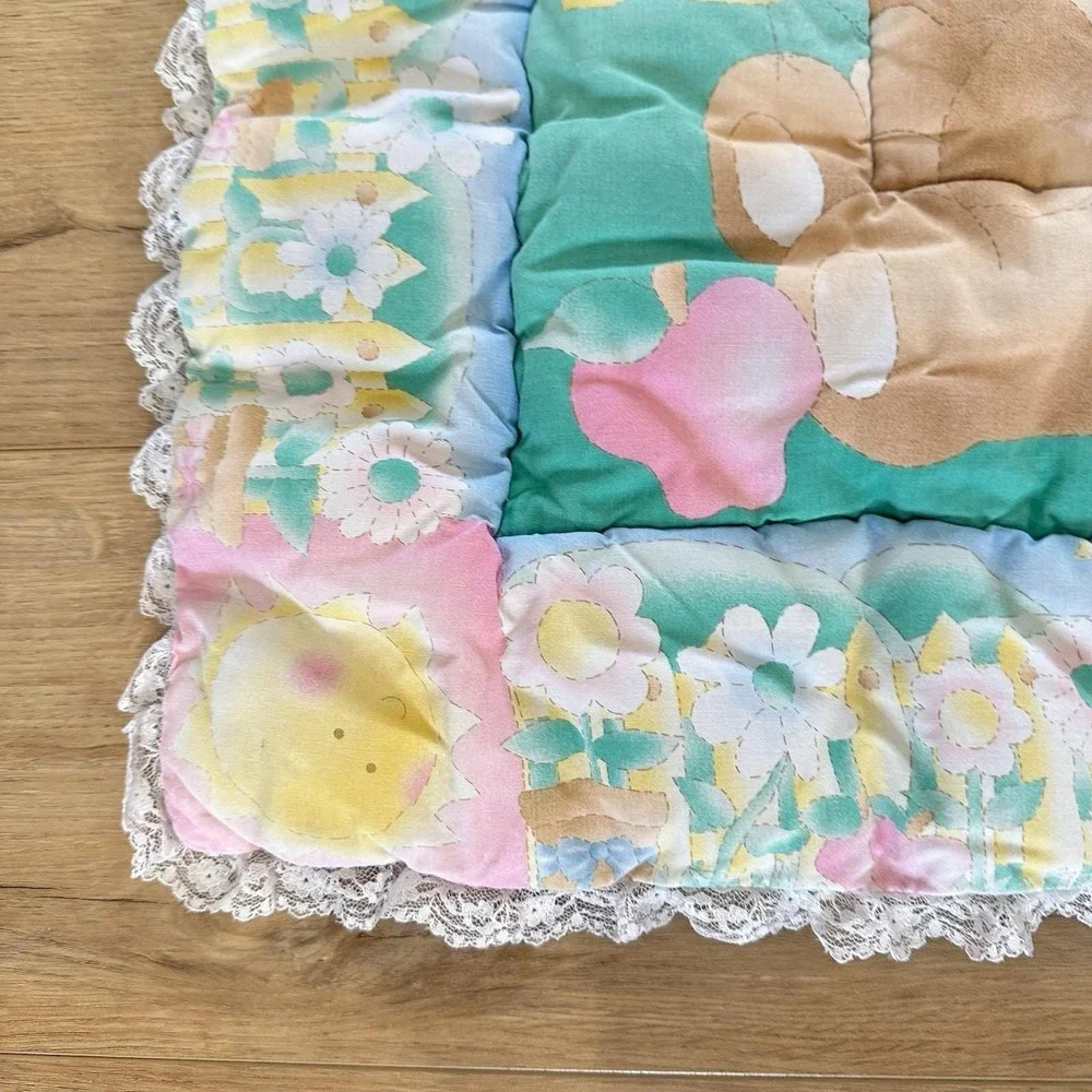 VTG Baby Blanket Pastel Bear Bunny Babies Crib Cover Quilted Hand Stitched 1990s